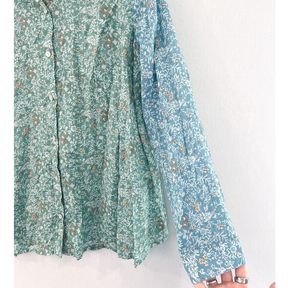 J. Jill Ditsy Floral Button Down Blouse Large Long Sleeve Blue Green Cotton - Picture 2 of 6